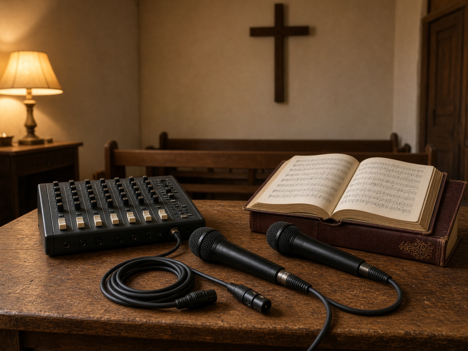 Audio mixer and microphones on a wooden table
