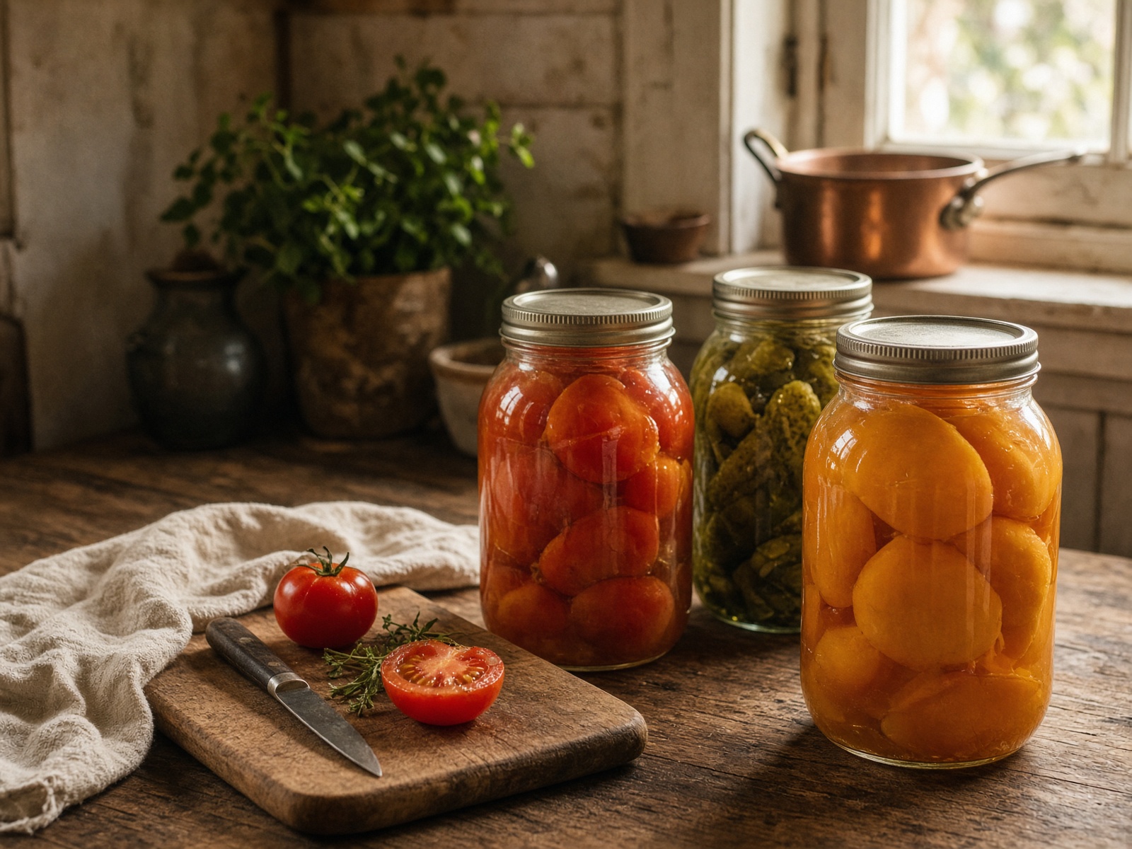 Mason jars of canned peaches and tomatoes