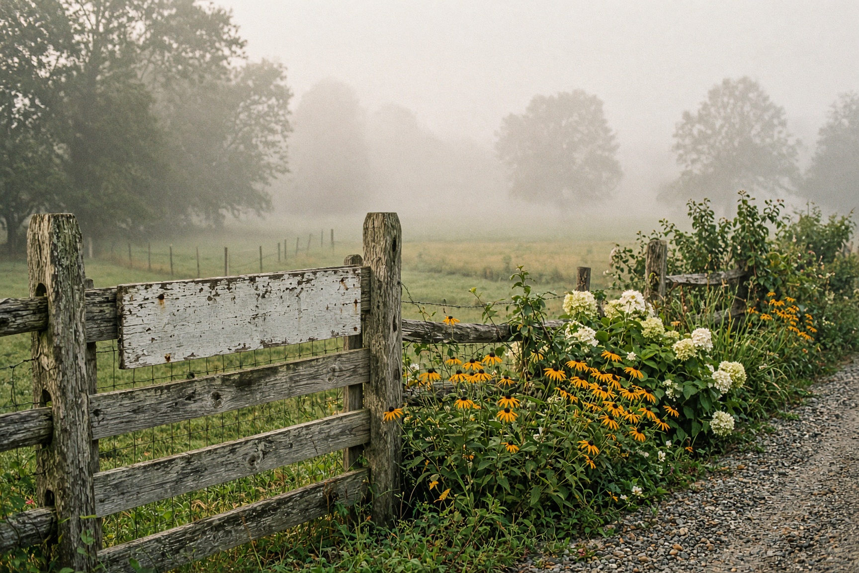Wooden farm gate opening onto golden fields