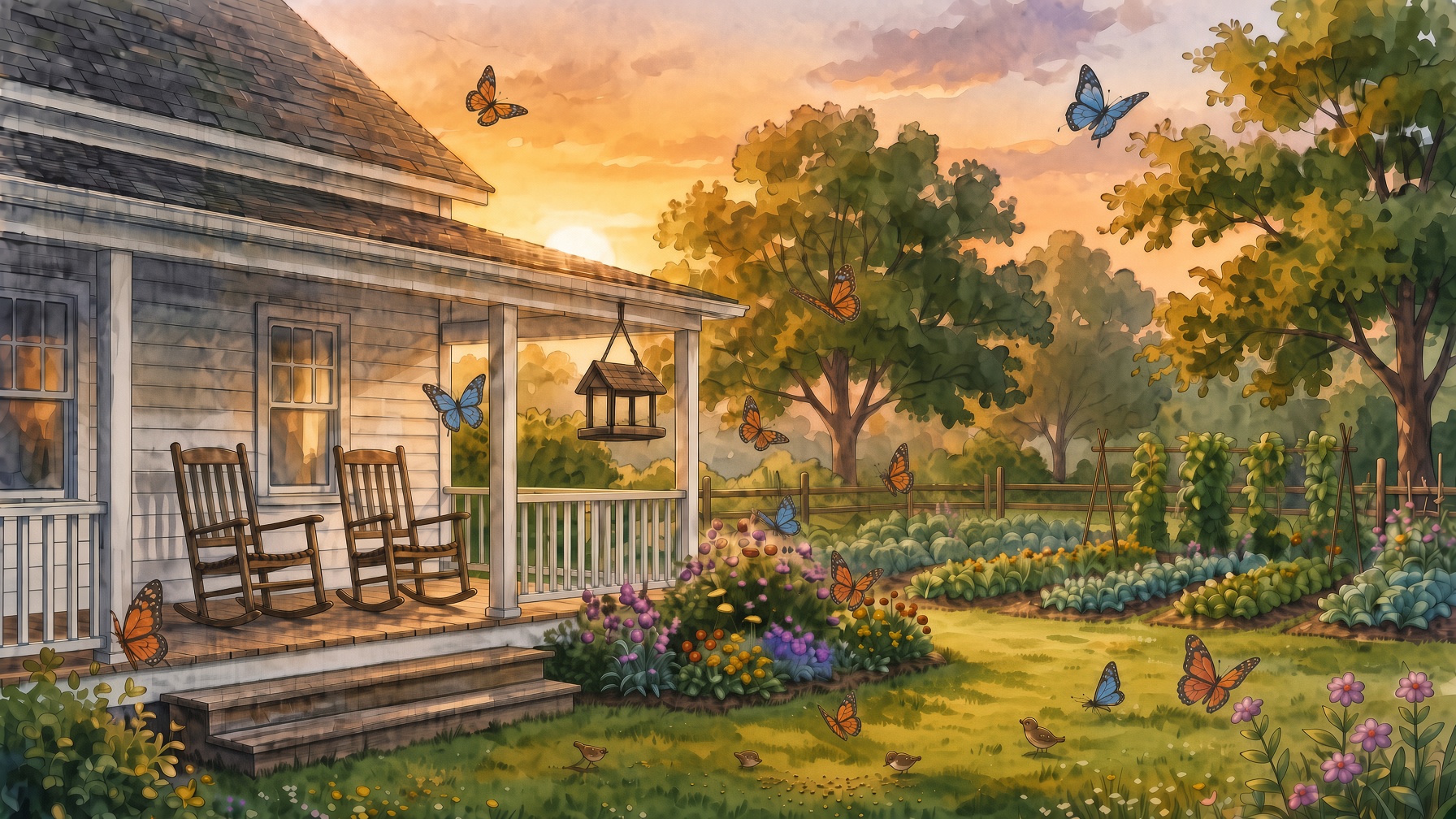 Watercolor farmhouse porch at sunset with garden, bird feeder, and butterflies