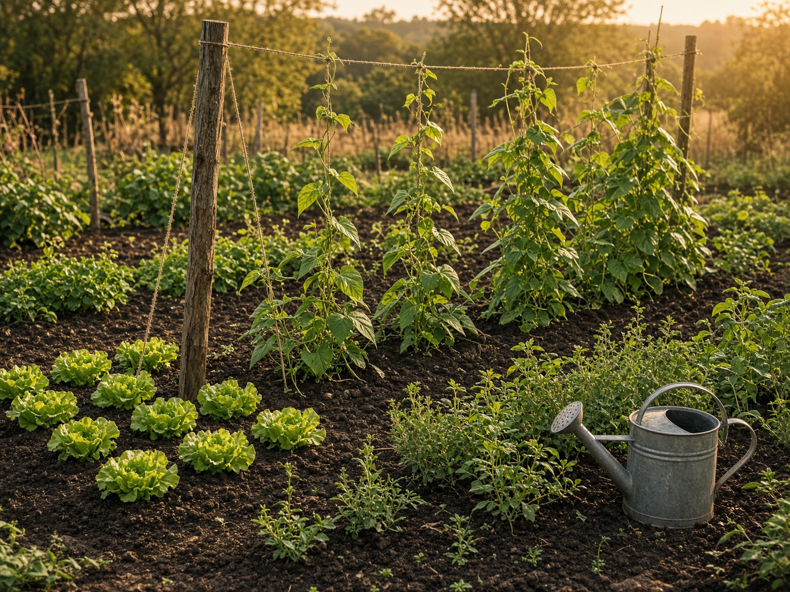 Vegetable garden rows with watering can