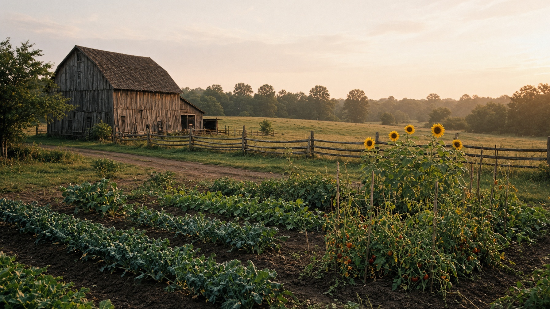 Golden-hour farm with barn, fence, and sunflowers