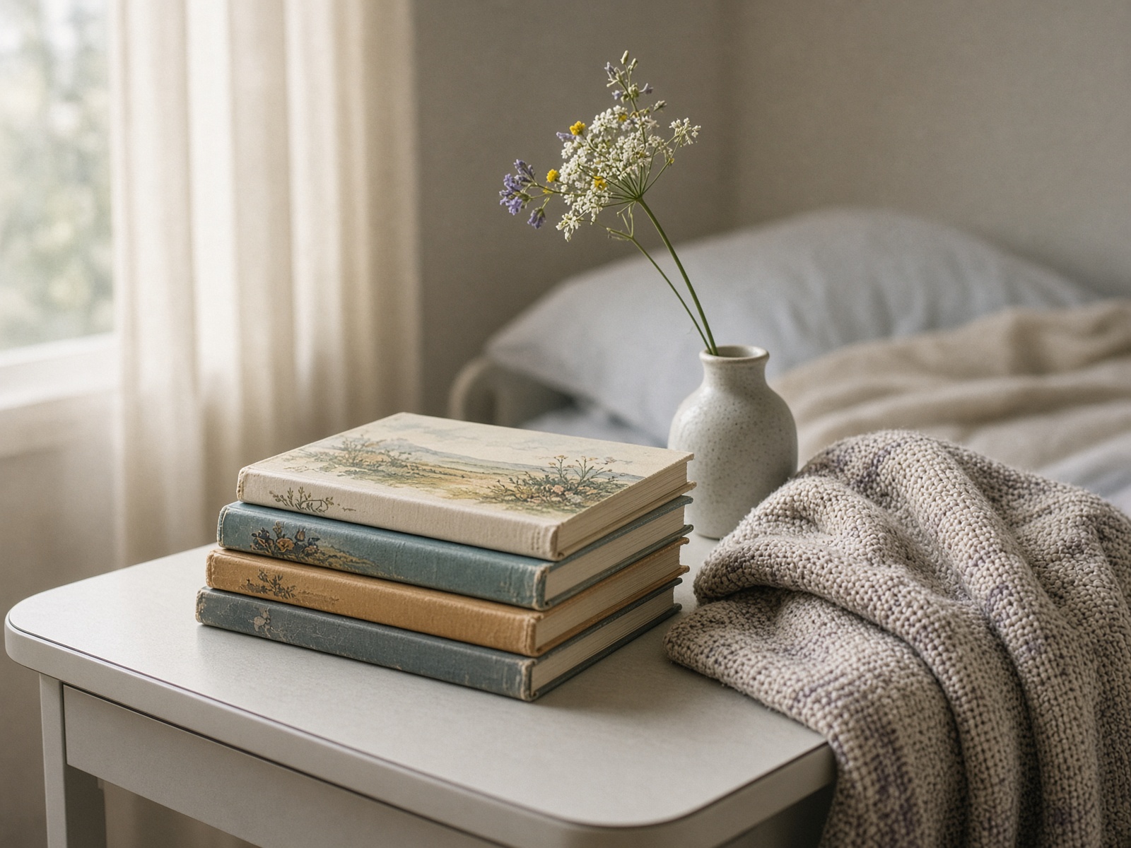 Children's books on a hospital side table