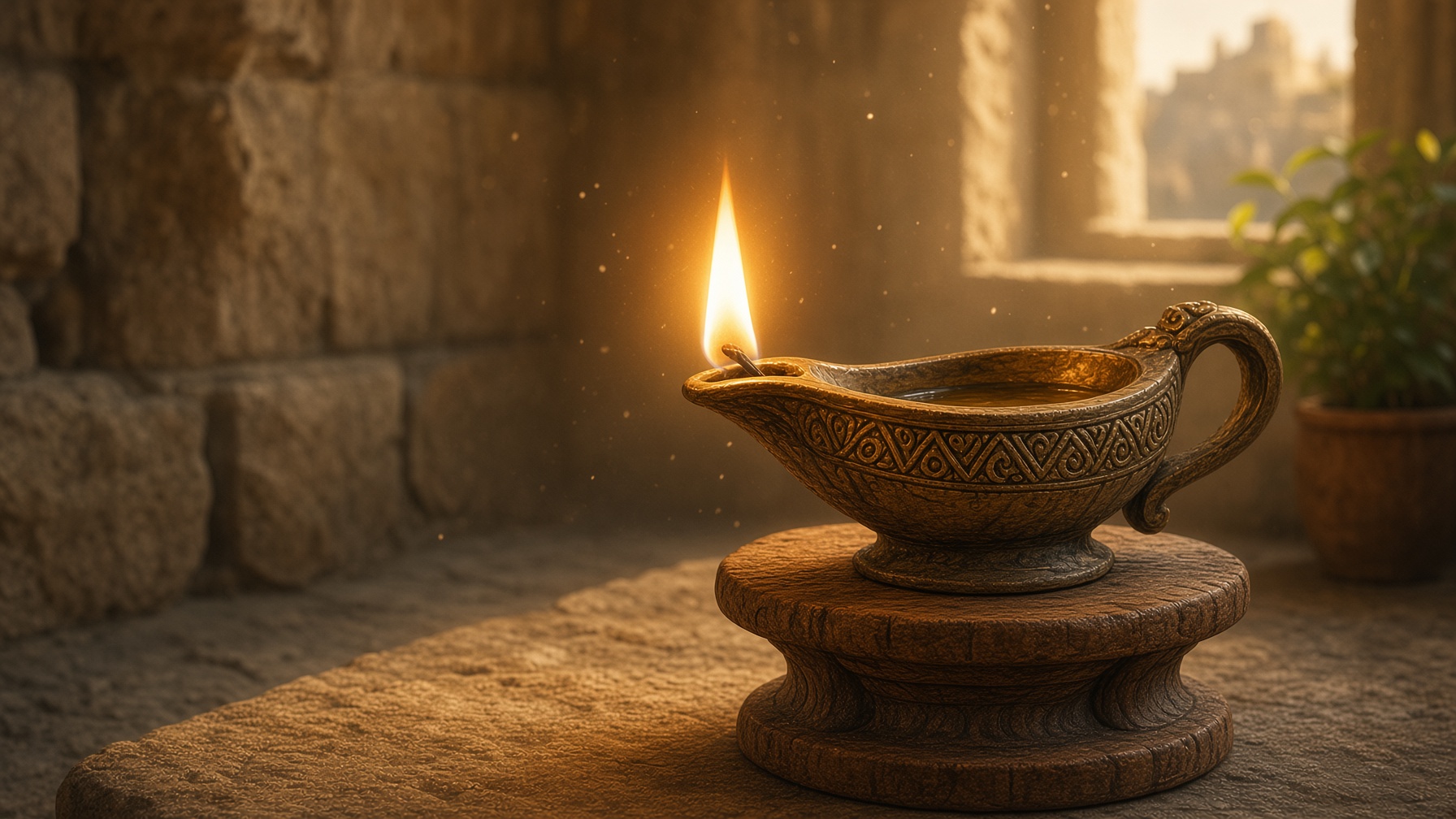 An oil lamp burning on a stone stand in warm light