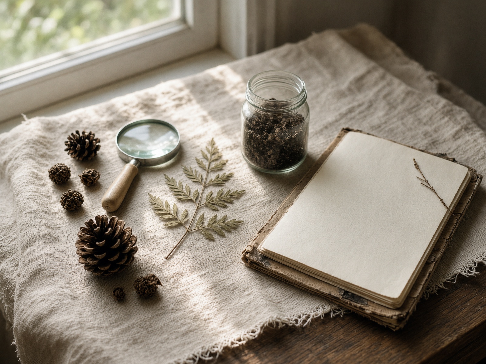 Nature-study table with magnifying glass and field notebook