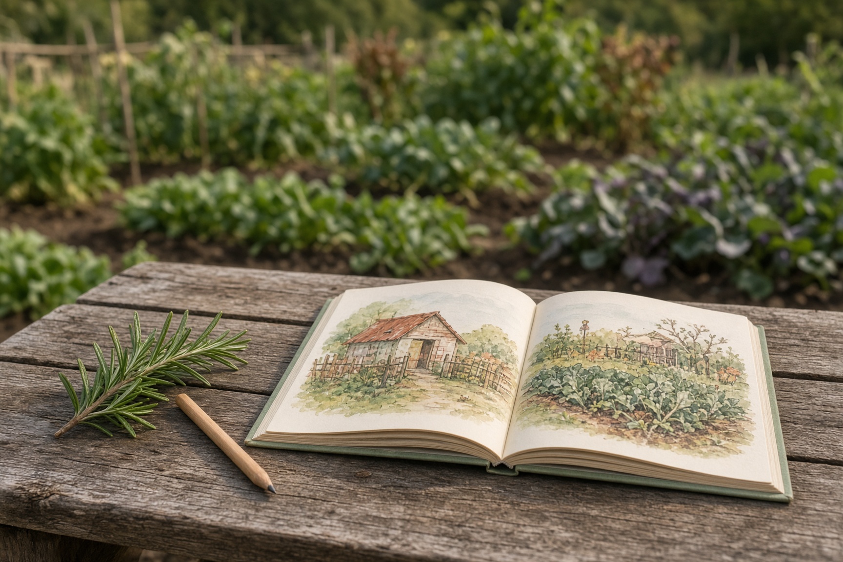 An open picture book on a weathered picnic table