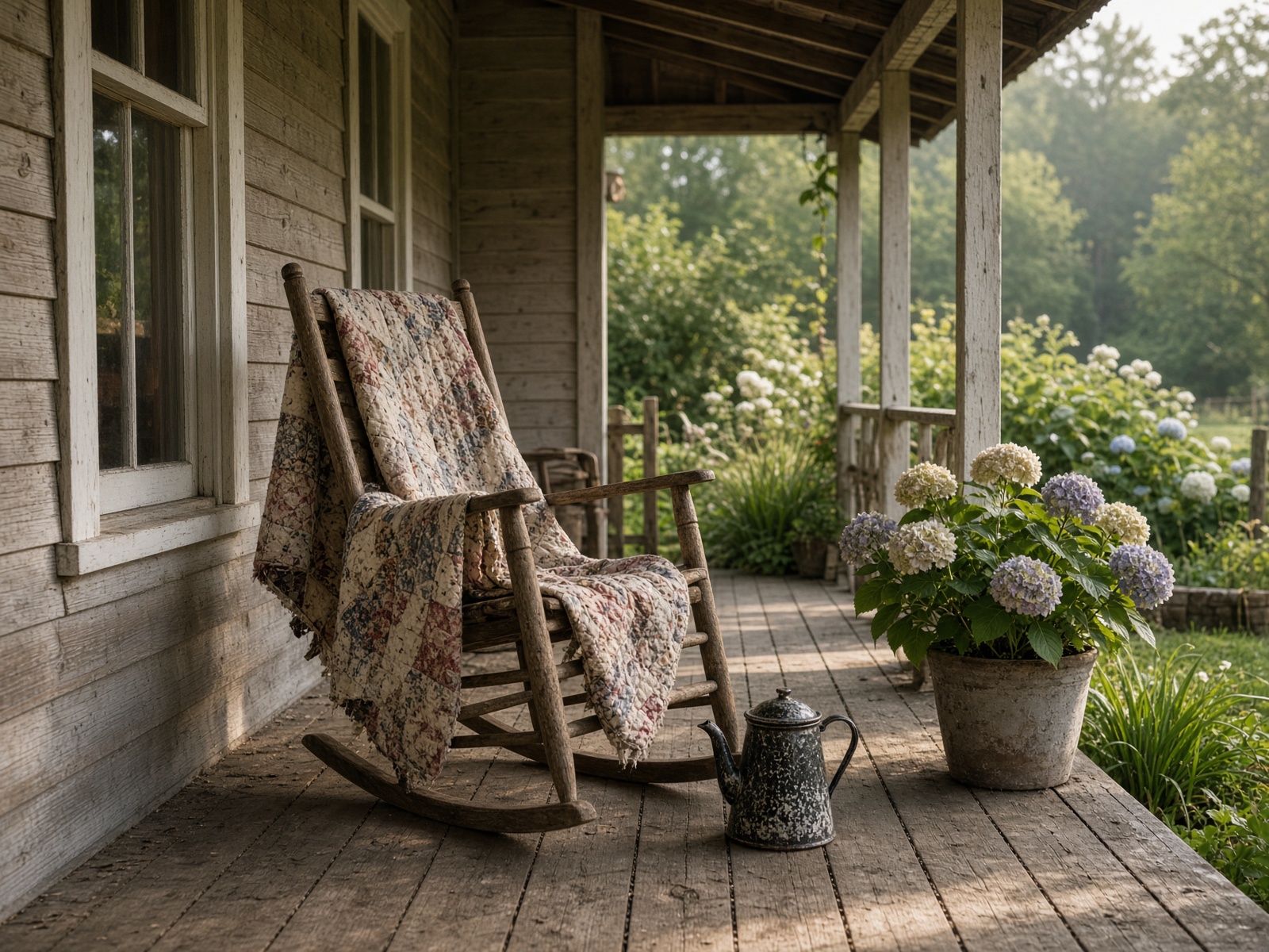 Farmhouse porch at golden hour