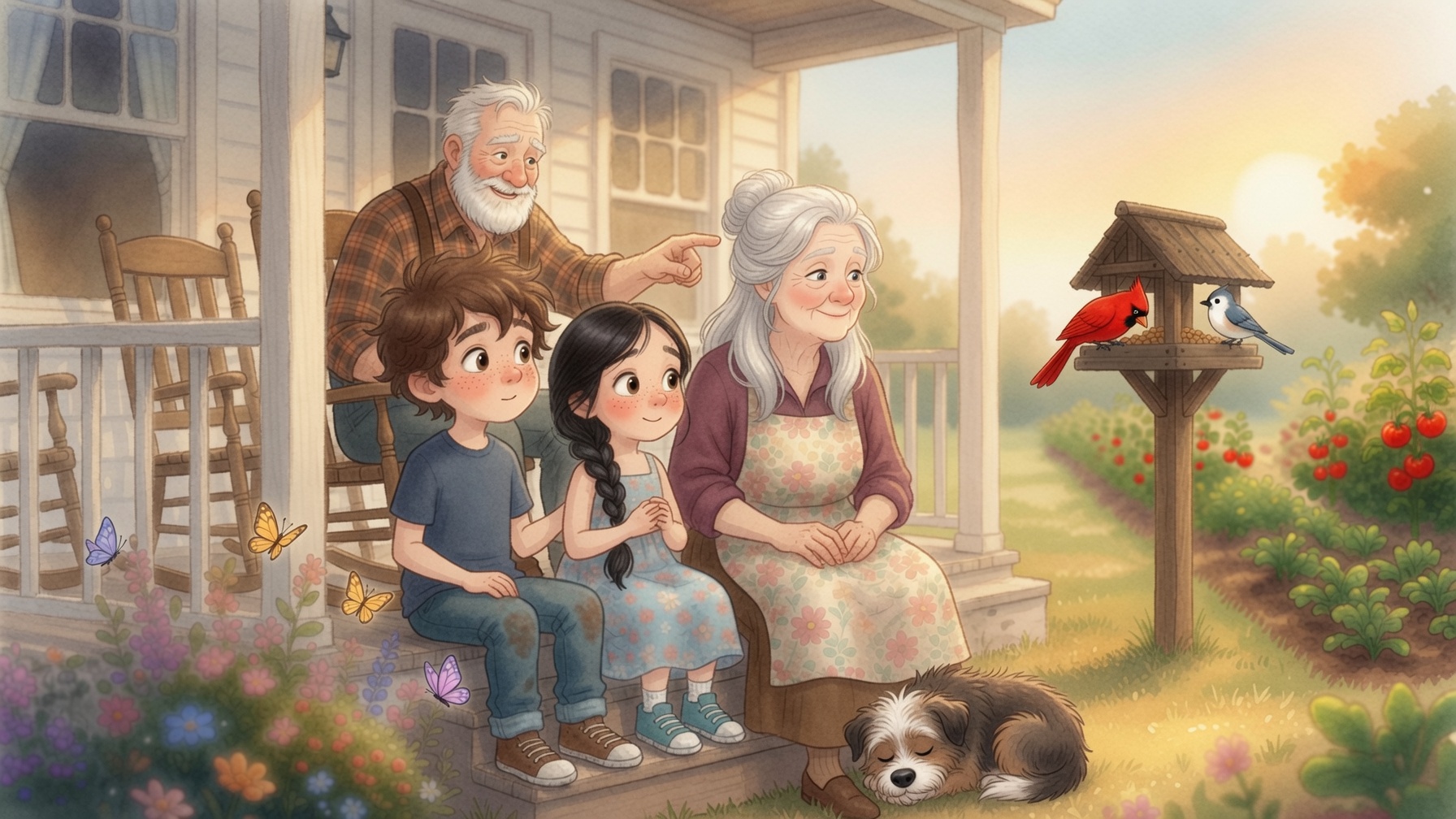 Eli and Lila with the Harlans on the porch; Finn, cardinal, and Hootie