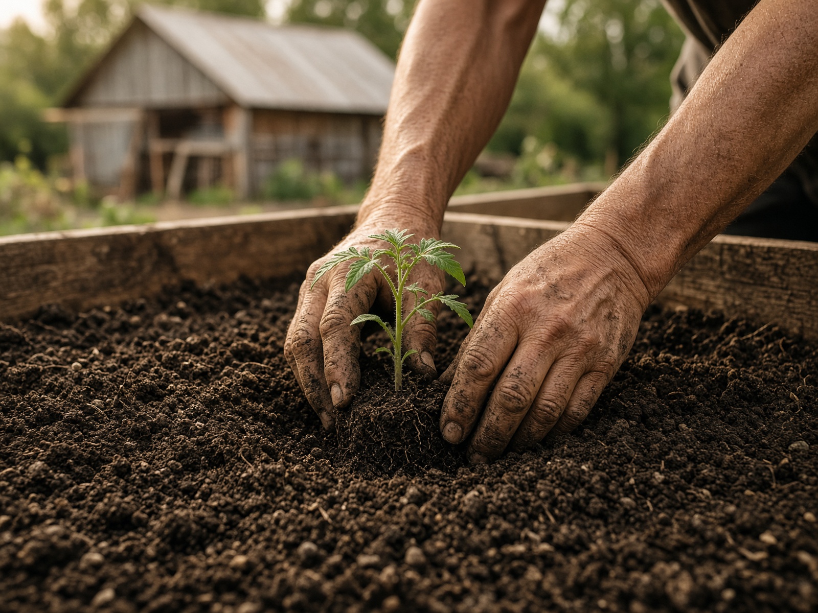 A child's hands planting a seedling in dark soil
