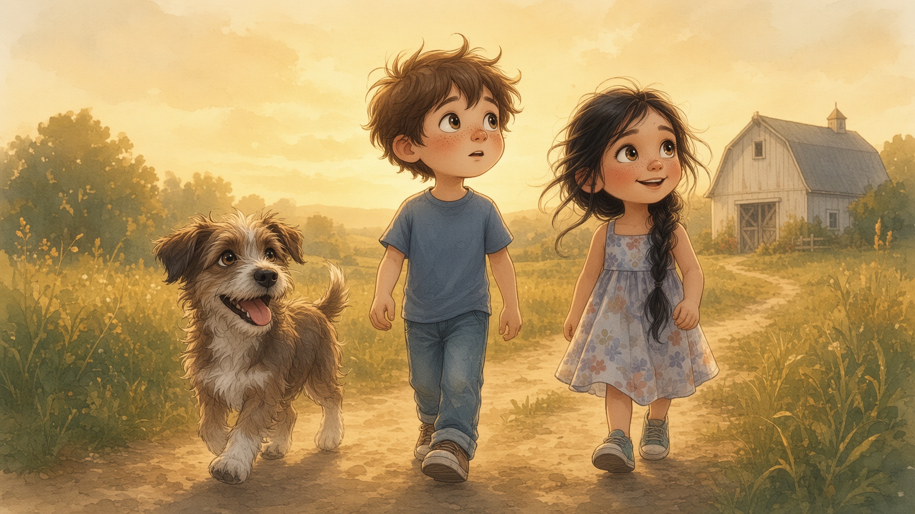 Eli and Lila walking a farm path with Finn